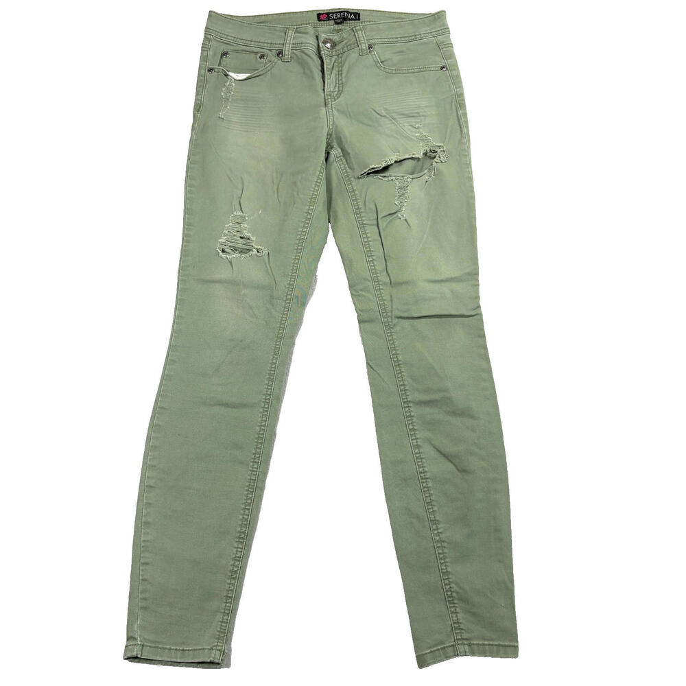 2B Bebe Serena Skinny Jeans Womens 29 Olive Green Distressed Stretch Denim